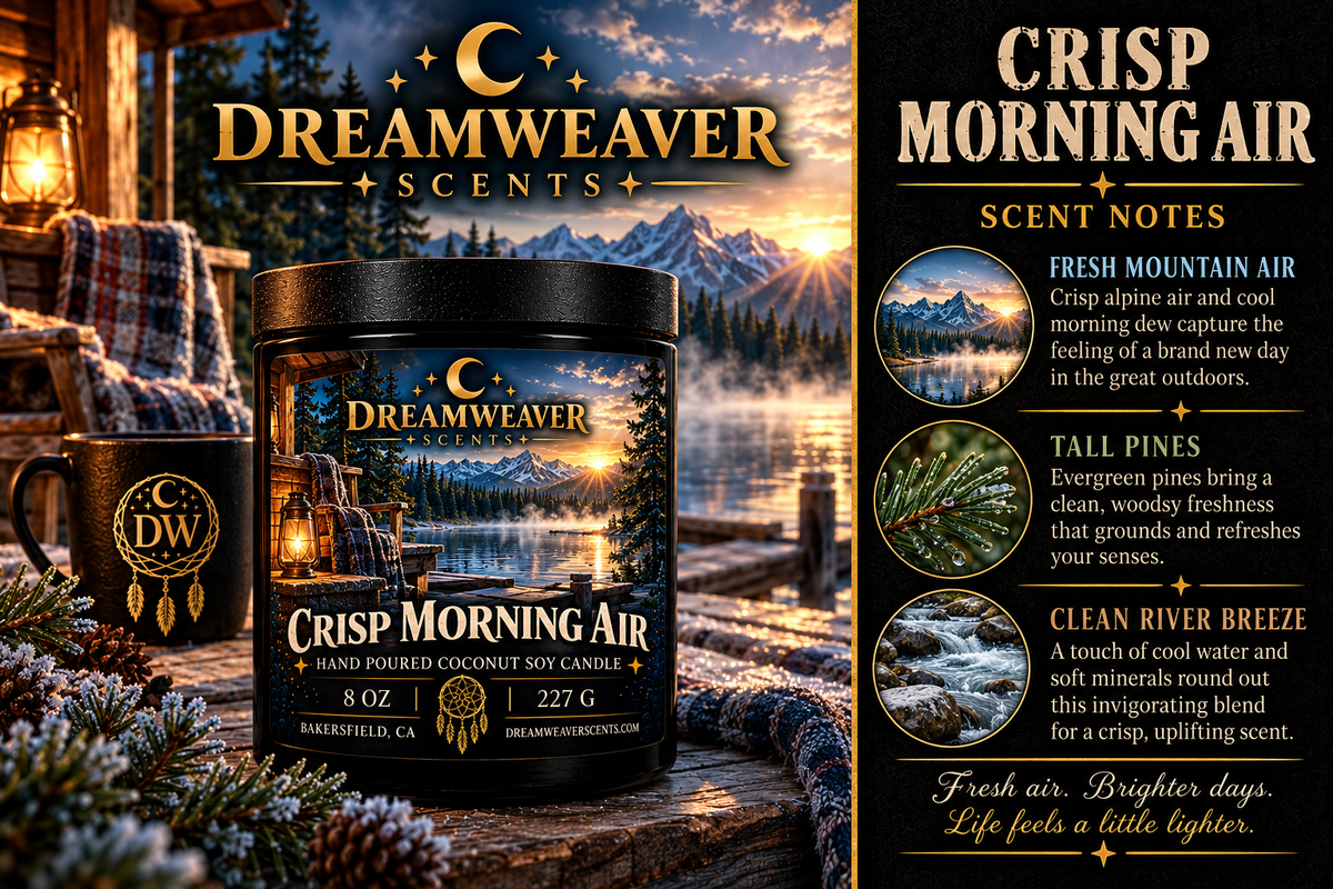 Dreamweaver Scents 'Crisp Morning Air' coconut soy candle. Fresh Air & Brighter Day