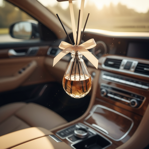 DreamWeaver glass diffuser bottle hanging from car rearview mirror
